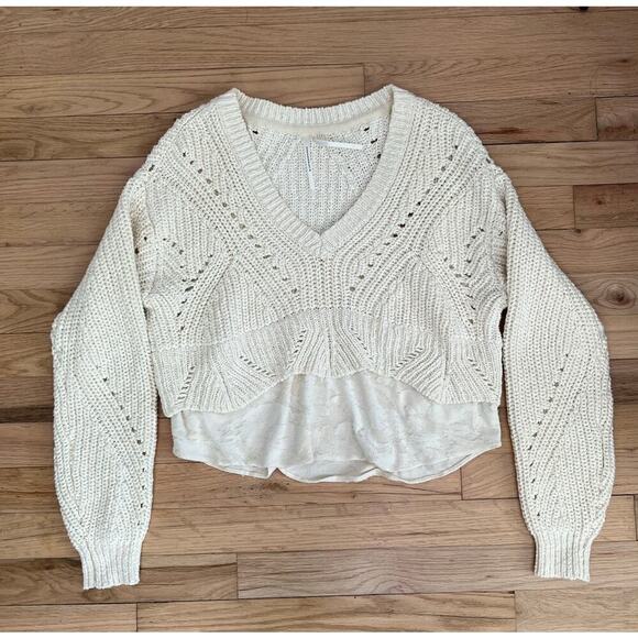 Anthropologie Womens XS Oversized Chunky Knit Cream Layered Sweater White V Neck - Picture 1 of 16